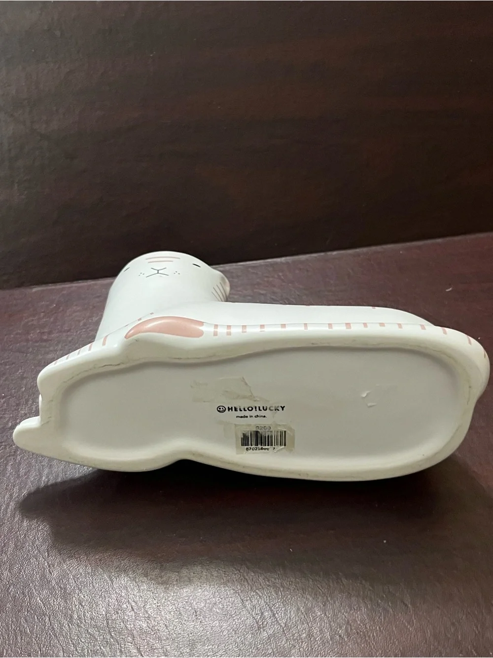 Cream Ceramic Cat Bowl with Pink Stripe Accents